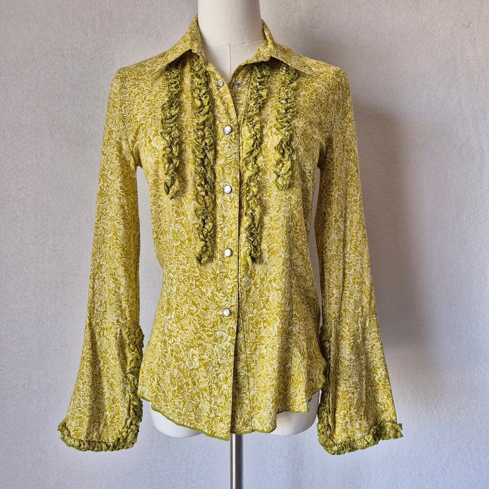 Vintage ANNA HULING Made In USA Floral Ruffle Pearl Snap Western Shirt Green